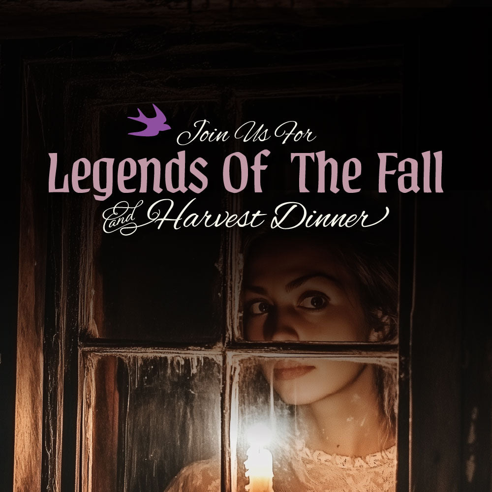 Promotional image for 'Legends of the Fall Harvest Dinner' with a woman peering through a window.