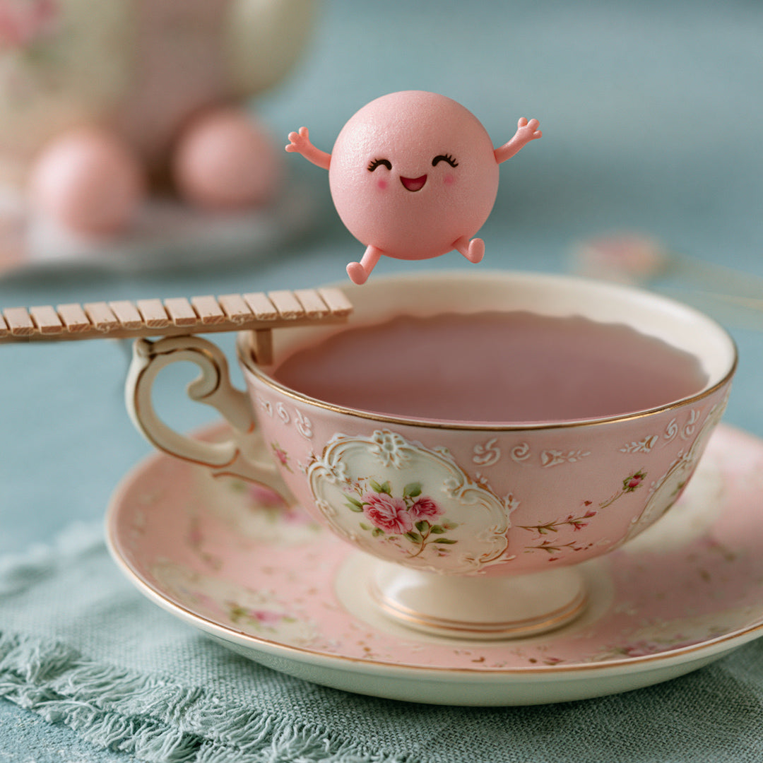 Fun AI Image, of a bubblegum ball jumping into a tea cup.