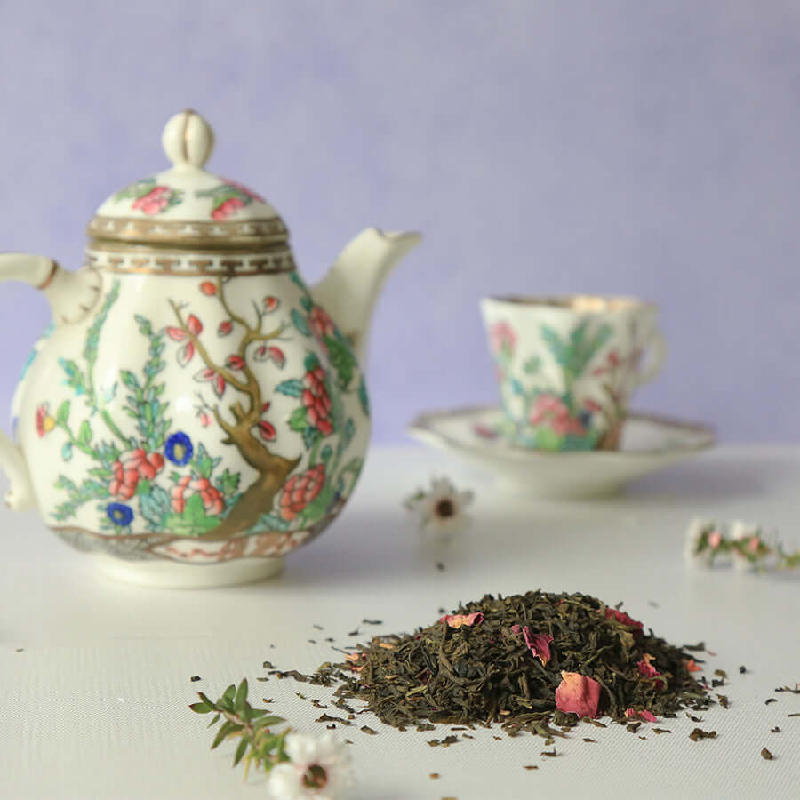 Green Tea with beautiful vintage tea set
