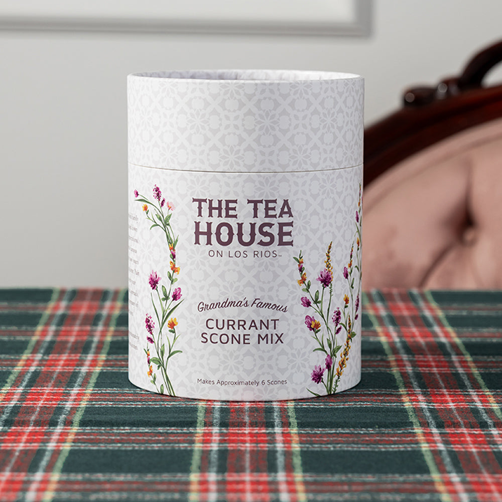 Scone mix labeled 'The Tea House on Los Rios' on a plaid tablecloth