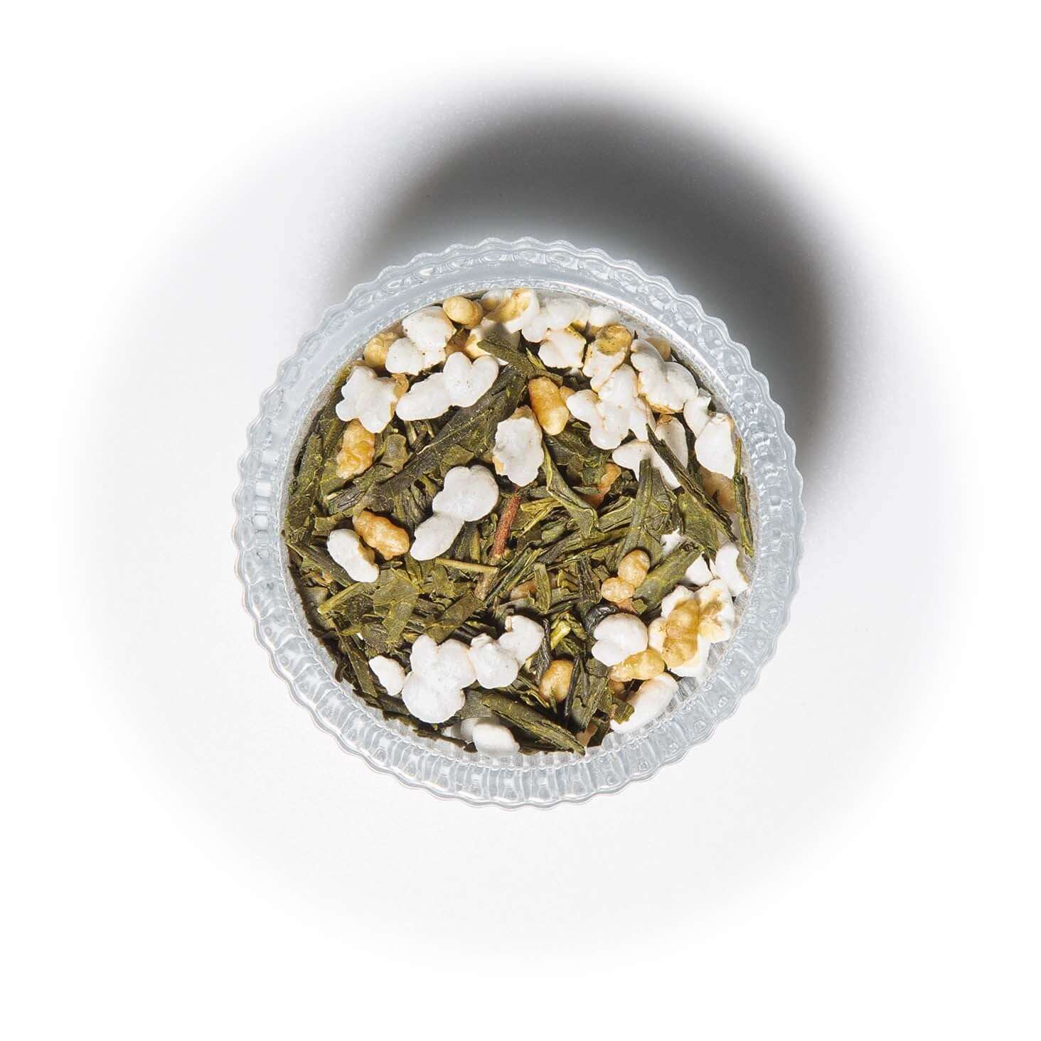 Genmaicha Yamasaki loose leaf tea in a ramekin