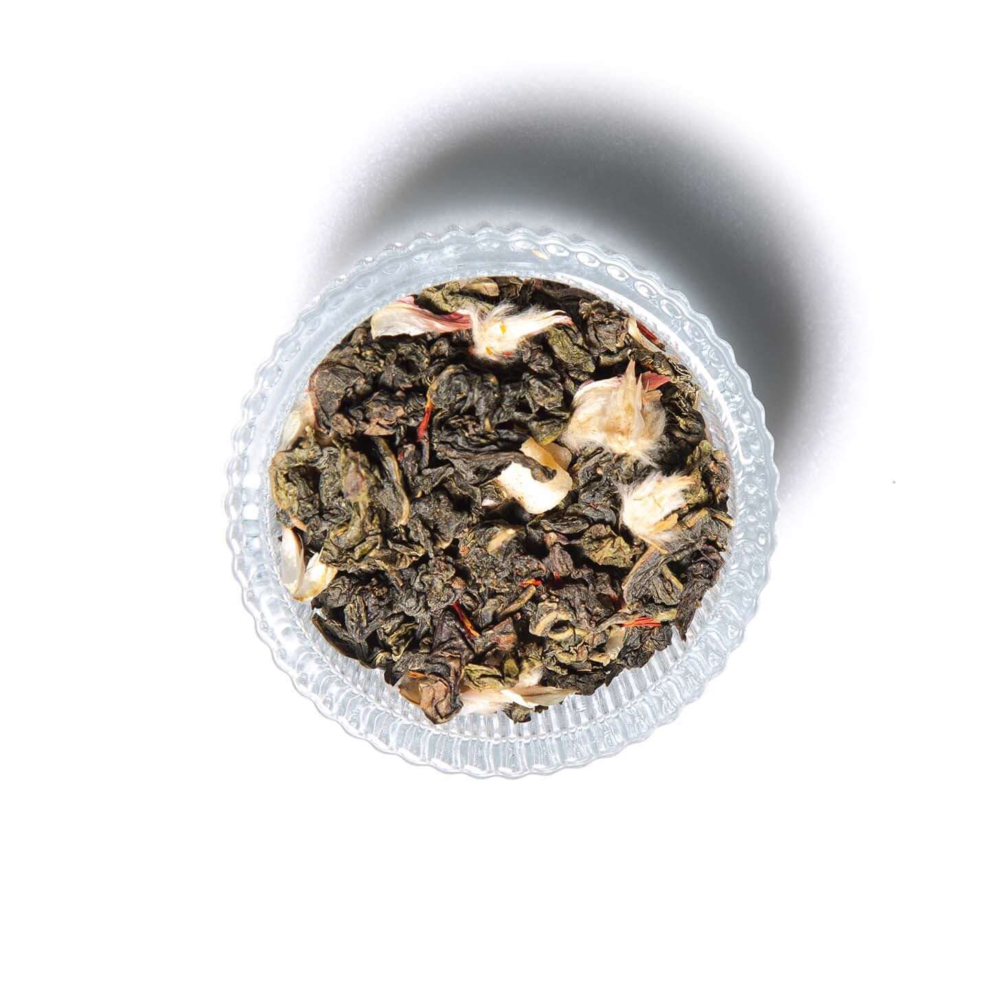 Watermelon Oolong loose leaf tea in a ramekin