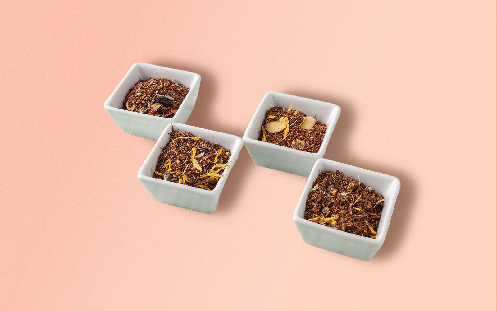 Four small white containers with Rooibos Tea on a pink background