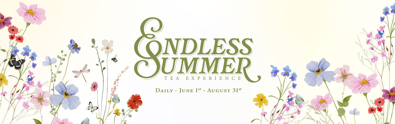 Promotional banner for 'Endless Summer' tea experience with colorful flowers on a light background.