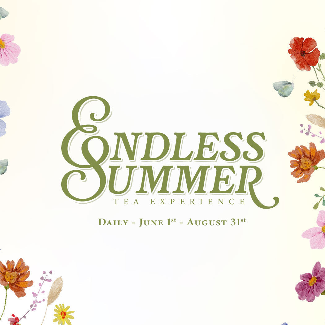 Promotional graphic for 'Endless Summer Tea Experience' with colorful flowers and butterflies on a light background.