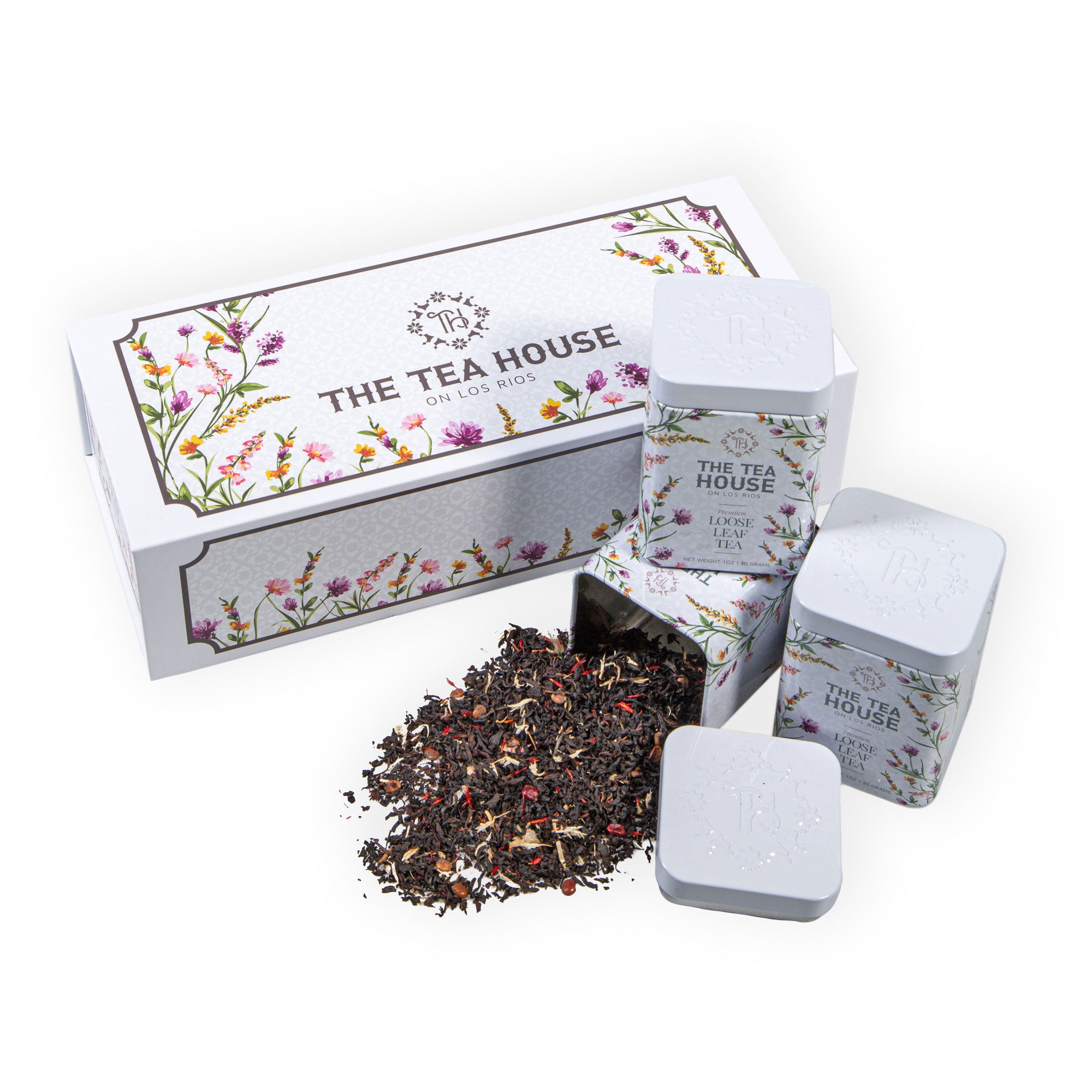 The Tea House on Los Rios custom gift box featuring three of our loose leaf tea tins