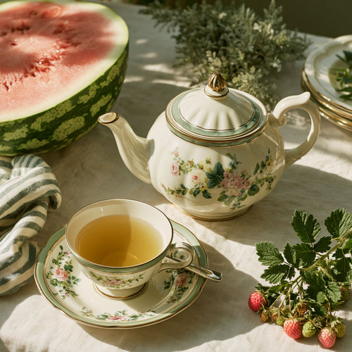 A floral porcelain teapot and matching teacup with saucer are arranged on a draped fabric table, with a sliced watermelon, greenery, and strawberries around them in a styled tea scene.