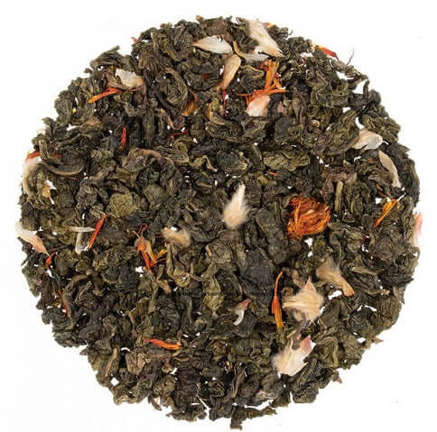 Watermelon Oolong loose leaf tea in a ramekin