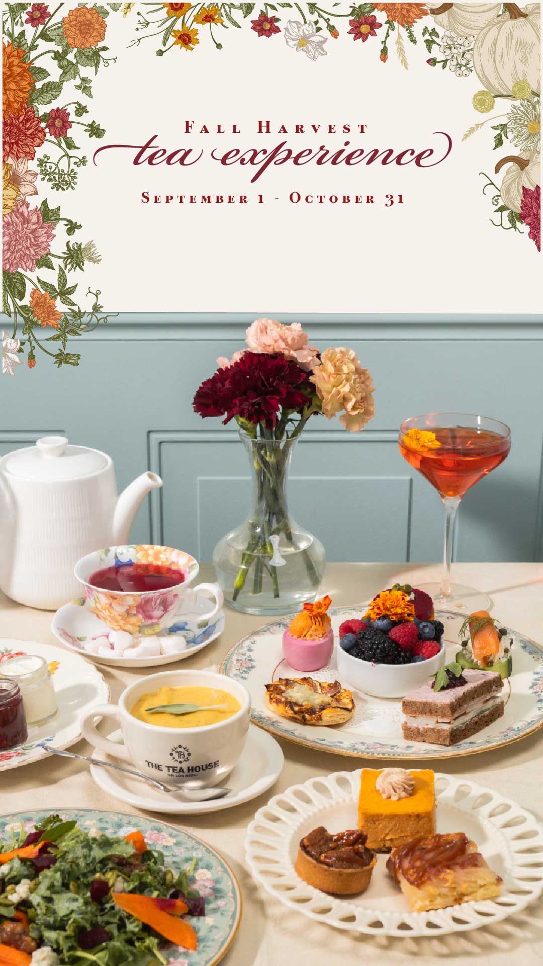 Tea experience promotion with tea set, snacks, and flowers on a table.
