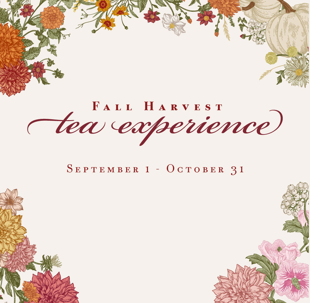 Promotional graphic for 'Fall Harvest Tea Experience' with autumn-themed flowers and pumpkins.