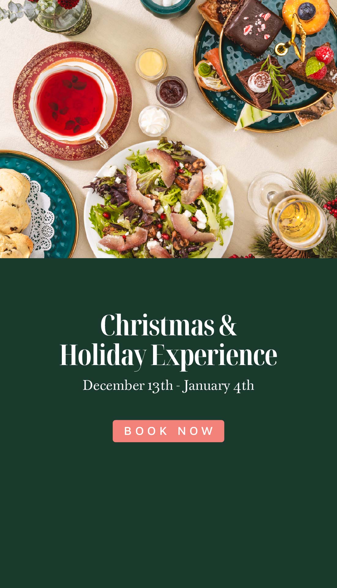 Promotional graphic for Christmas & Holiday Experience with festive design elements on a dark green background.