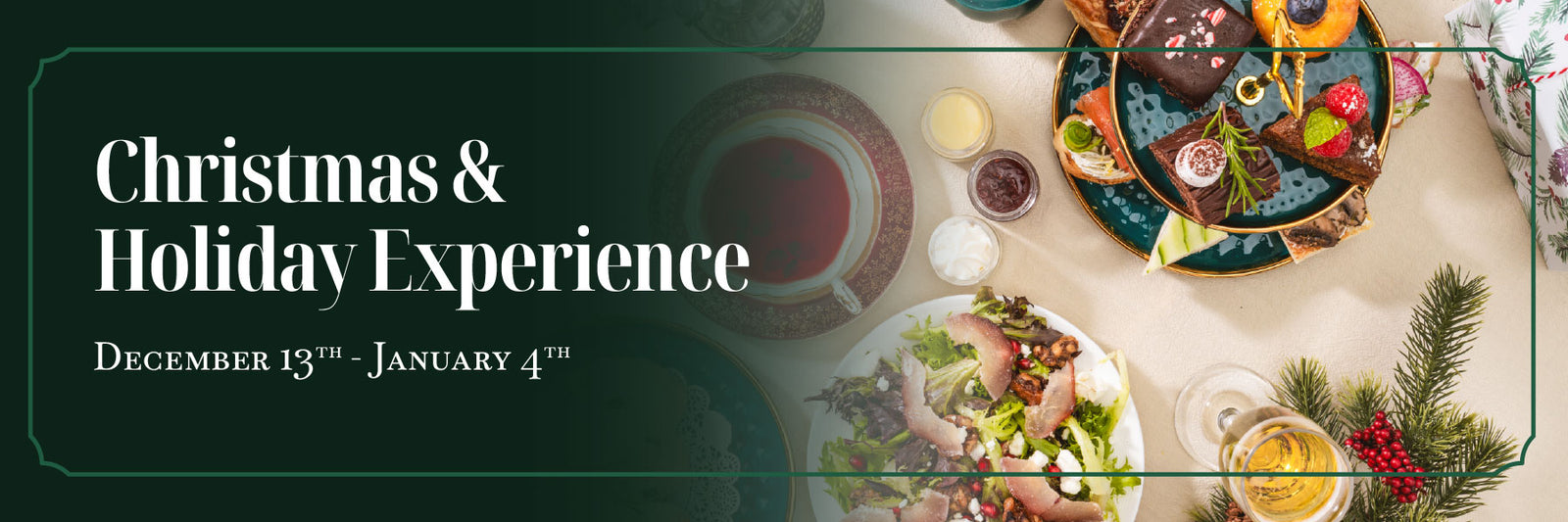 Promotional banner for Christmas & Holiday Experience with festive elements on a dark green background.
