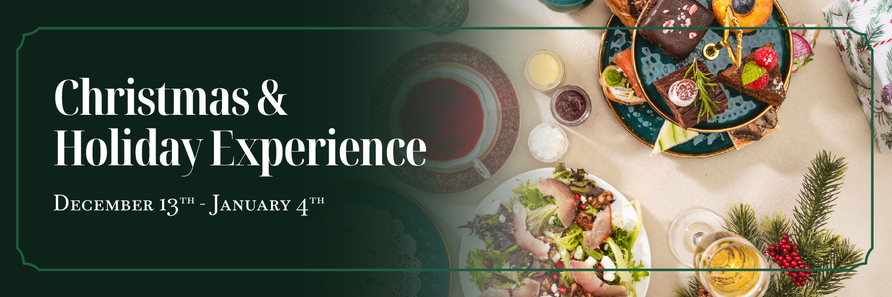 Promotional banner for Christmas & Holiday Experience with festive elements on a dark green background.