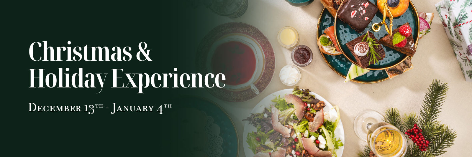 Promotional banner for Christmas & Holiday Experience with food and drink on a table.