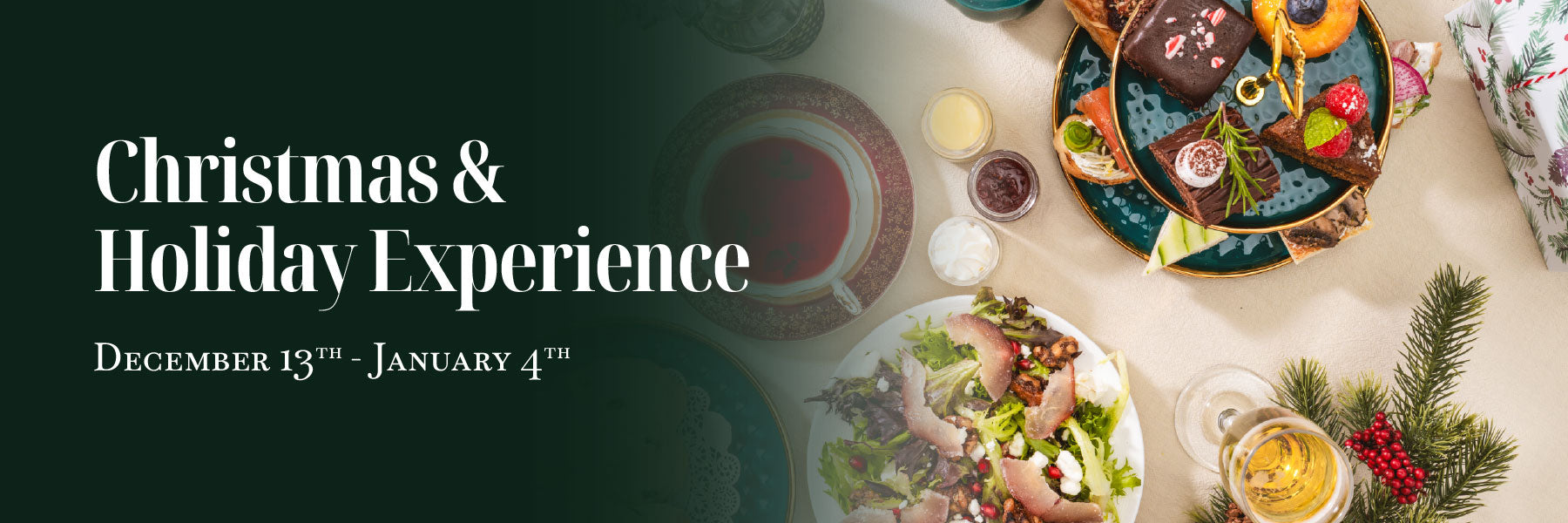 Promotional banner for Christmas & Holiday Experience with food and drink on a table.