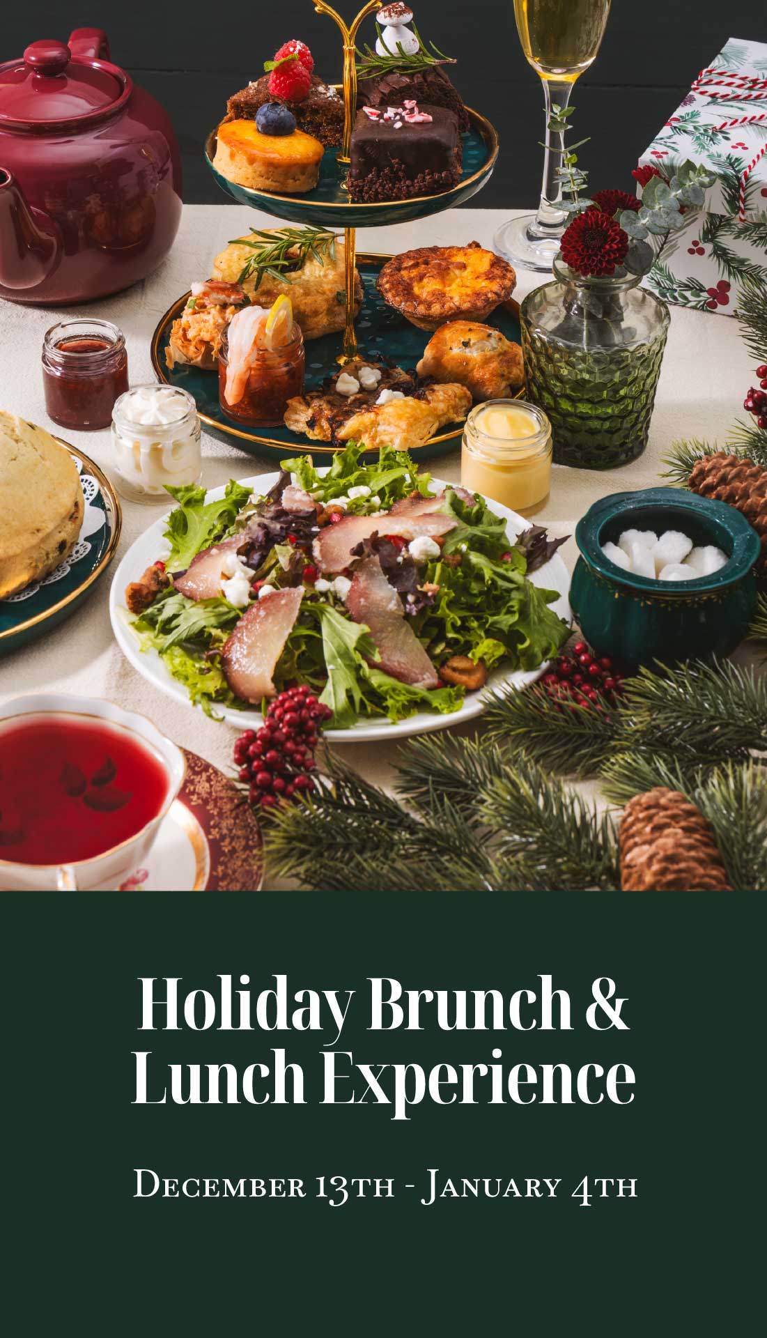 Promotional banner for Christmas & Holiday Experience with festive food and drinks on a table.