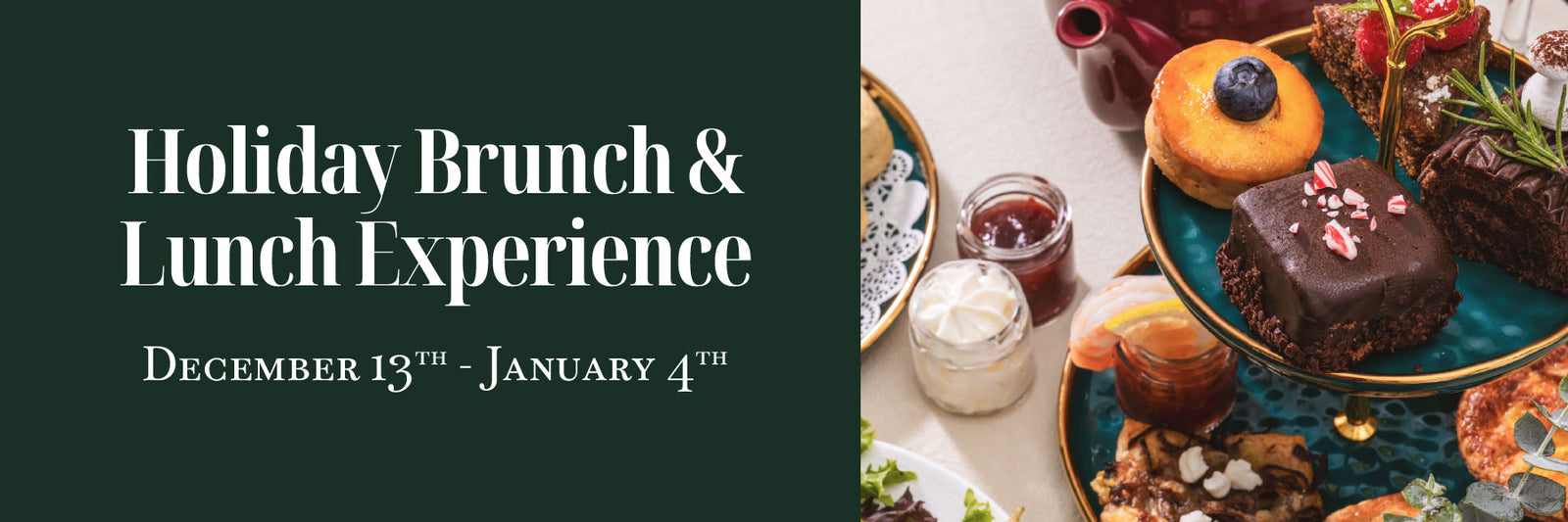 Promotional banner for Christmas & Holiday Experience with festive food and drinks on a table.