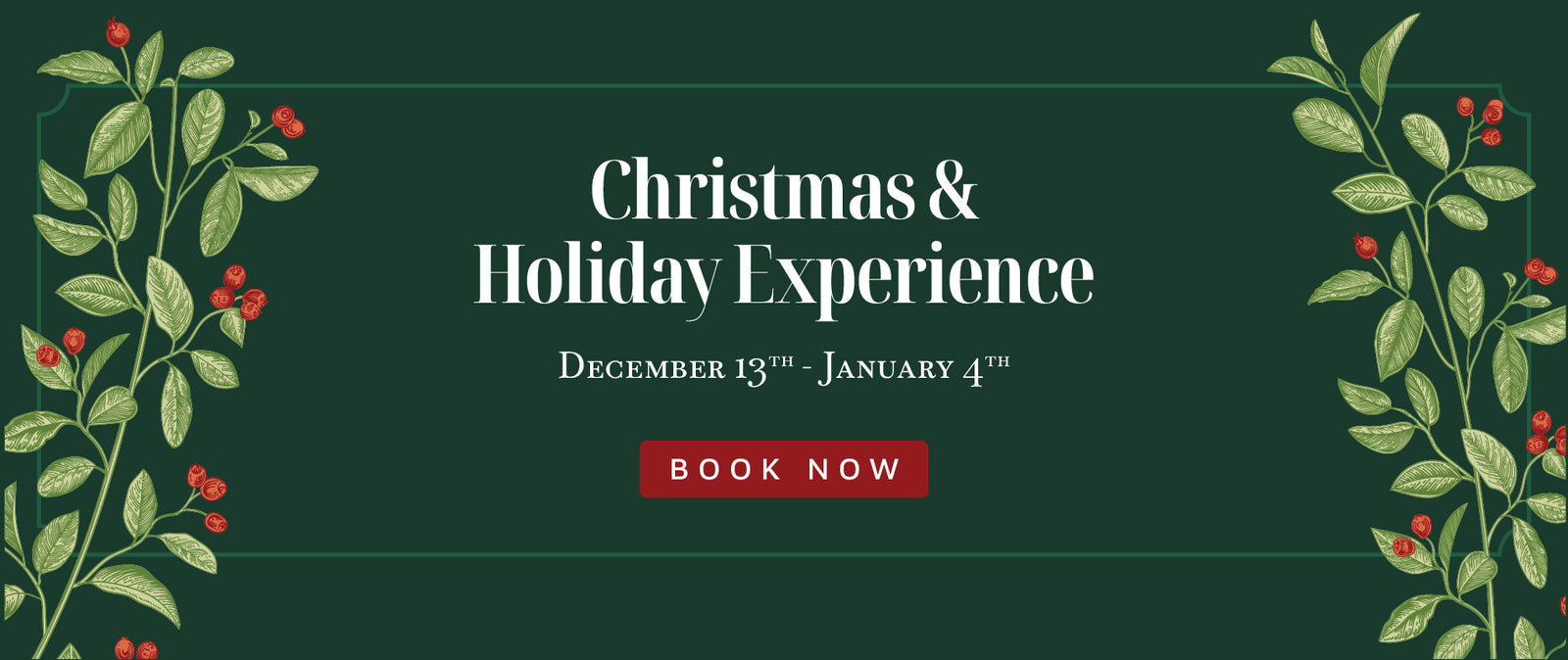 Promotional banner for Christmas & Holiday Experience with festive elements on a dark green background.