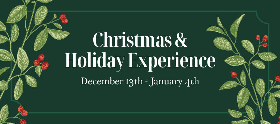 Promotional banner for Christmas & Holiday Experience with green leaves and red berries on a dark green background.