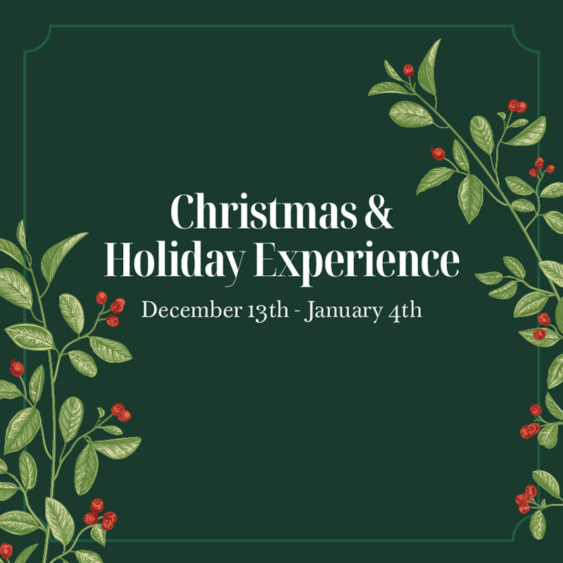 Promotional text for Christmas & Holiday Experience with decorative leaves and berries on a dark green background.