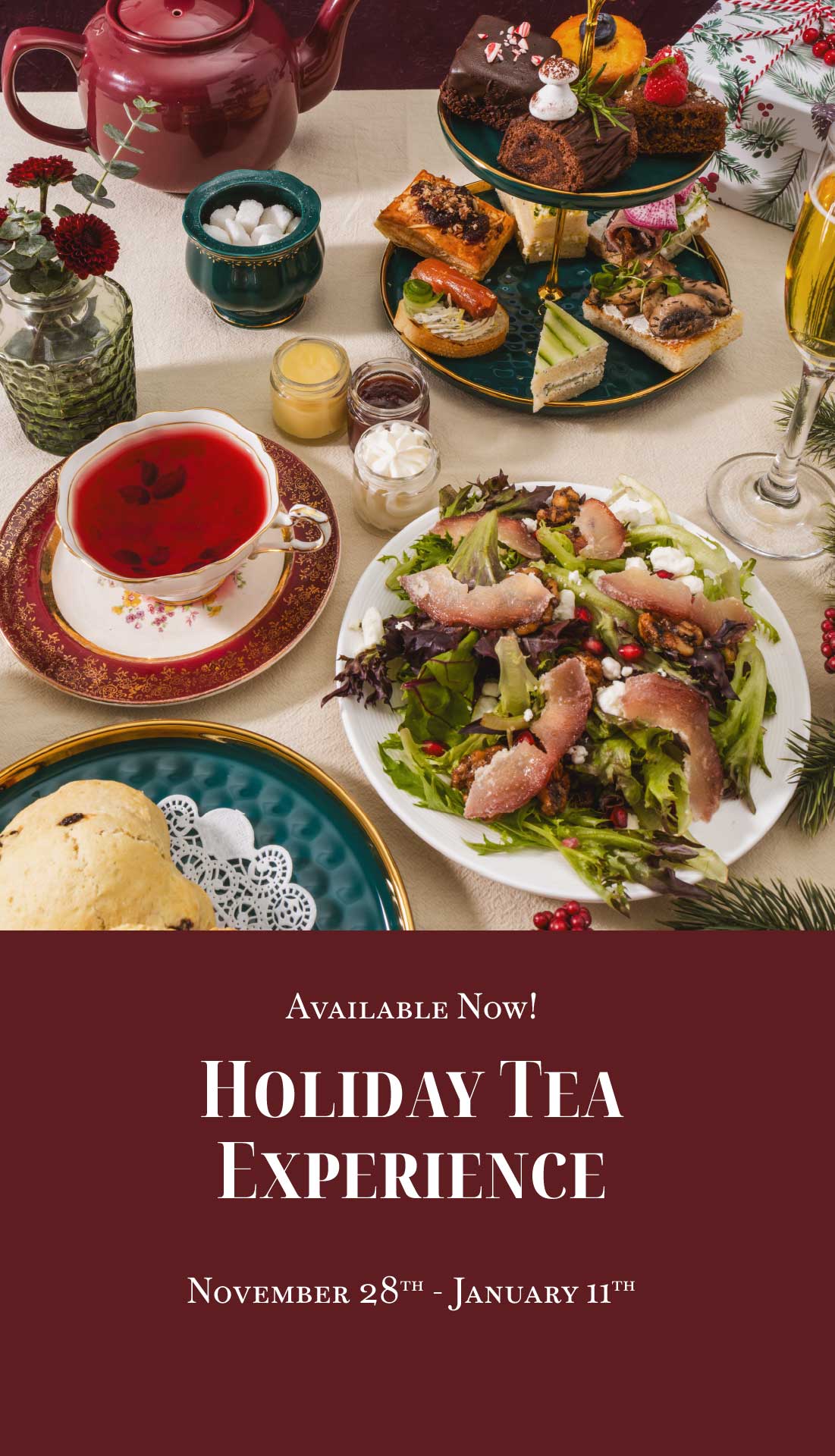Table with high tea spread including tea, sandwiches, and salad with promotional text for a holiday tea experience.