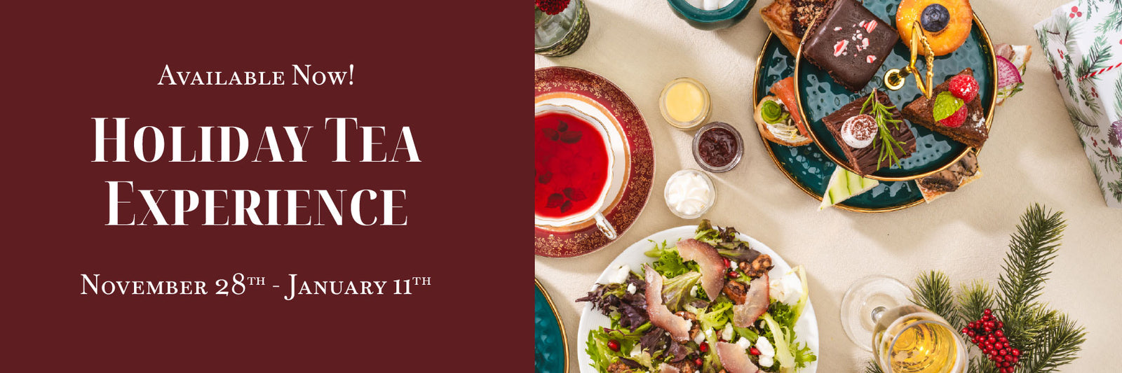 Promotional banner for a holiday tea experience with tea and snacks on a table.