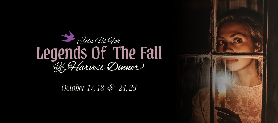 Promotional banner for 'Legends of the Fall Harvest Dinner' with a woman peering through a window.