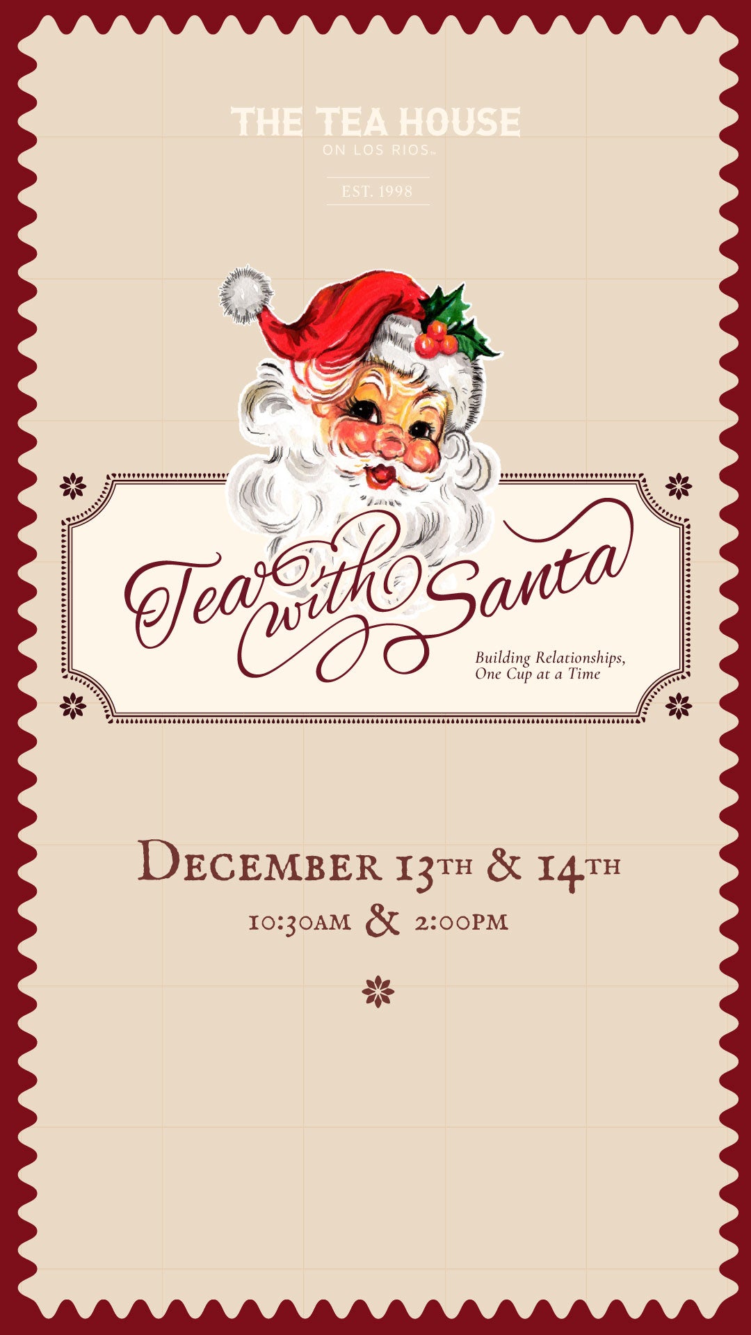 Promotional flyer for 'Tea with Santa' event at The Tea House with a vintage design.