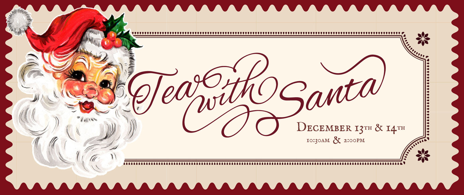 Vintage-style invitation with Santa Claus face and 'Tea with Santa' text on a beige background.
