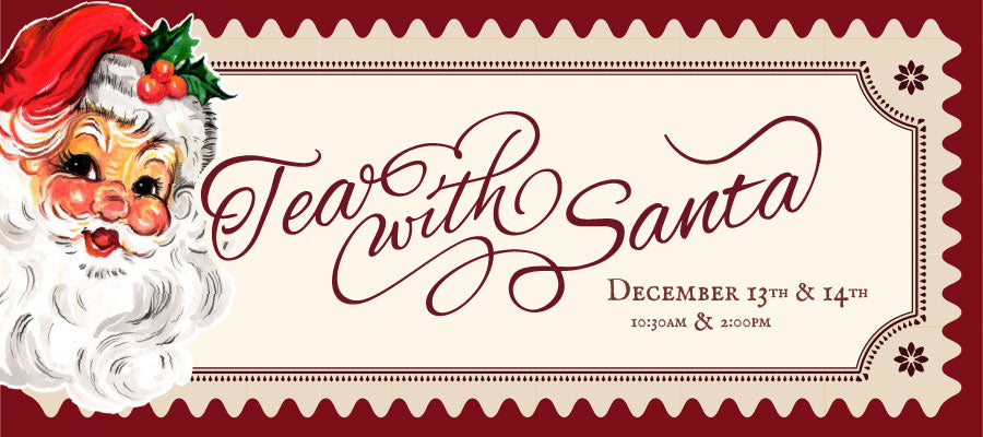 Vintage-style invitation with Santa Claus face and 'Tea with Santa' text on a beige background