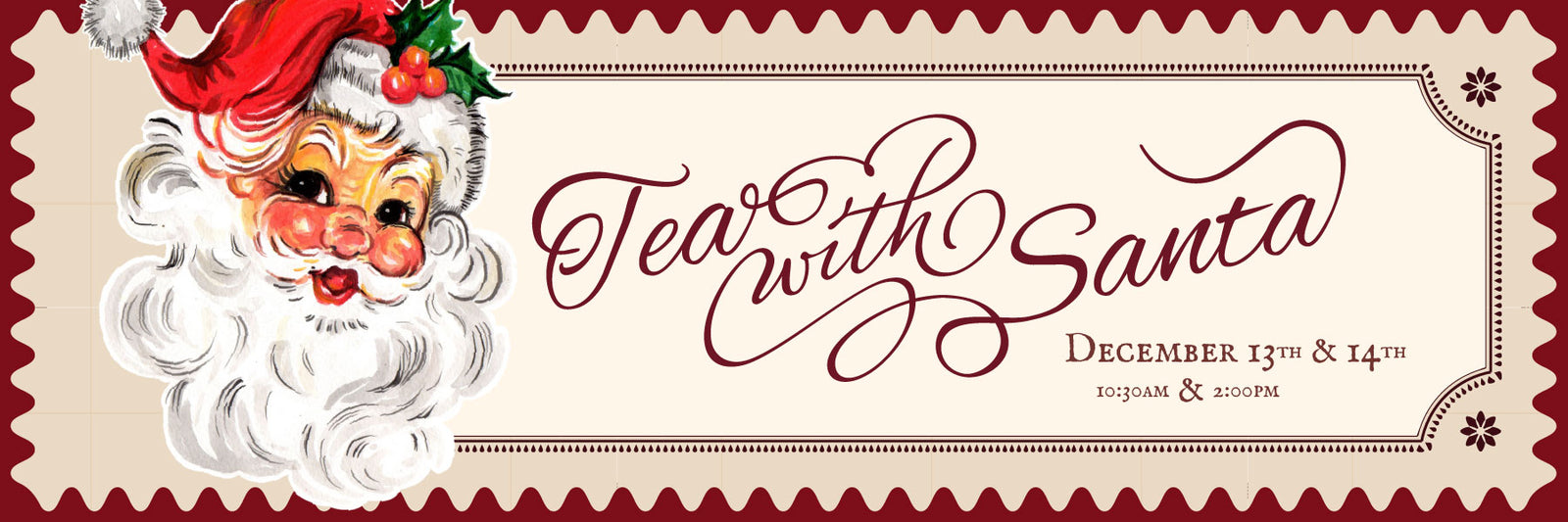 Vintage-style invitation with Santa Claus face and 'Tea with Santa' text on a beige background