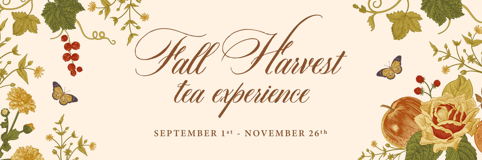 Promotional banner for an 'Autumn Harvest tea experience' with elegant brown script text on a warm cream background, decorated with vintage botanical illustrations of pumpkins, flowers, leaves, and butterflies.