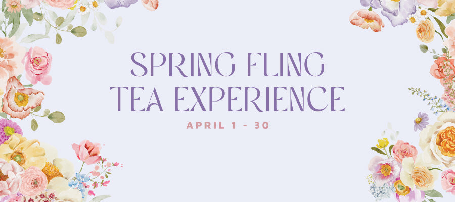 Promotional banner for 'Spring Fling Tea Experience' with floral decorations on a light purple background.