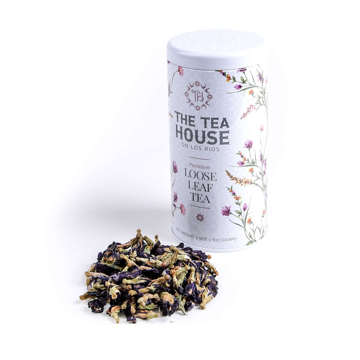 Butterfly Blue Pea Loose tea tin and loose tea showing the beautiful texture of the dried flowers