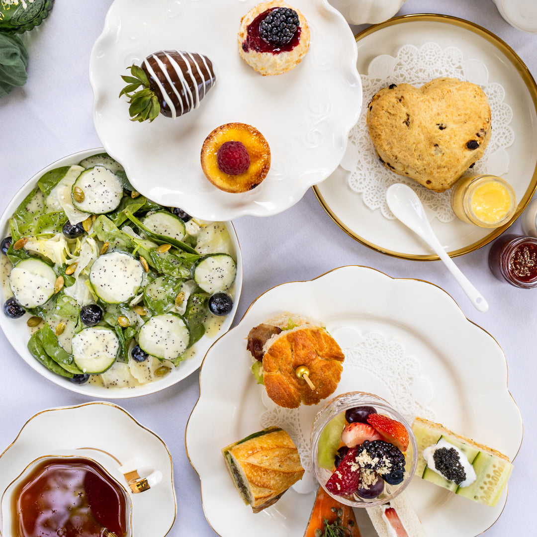 Summer Tea Menu - Salad, scone, tea sandwiches