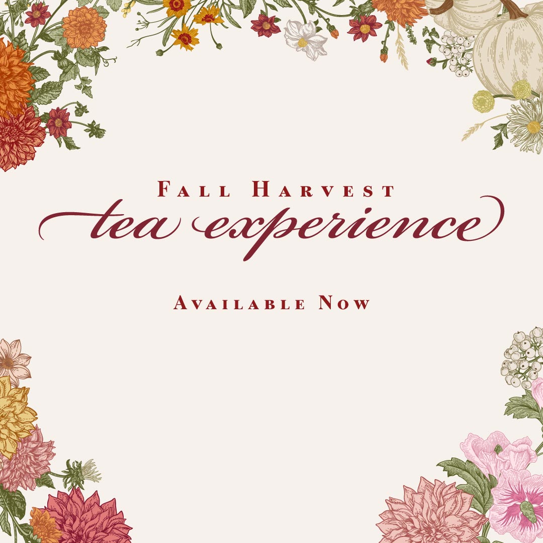 Promotional graphic for 'Fall Harvest Tea Experience' with floral and pumpkin design.