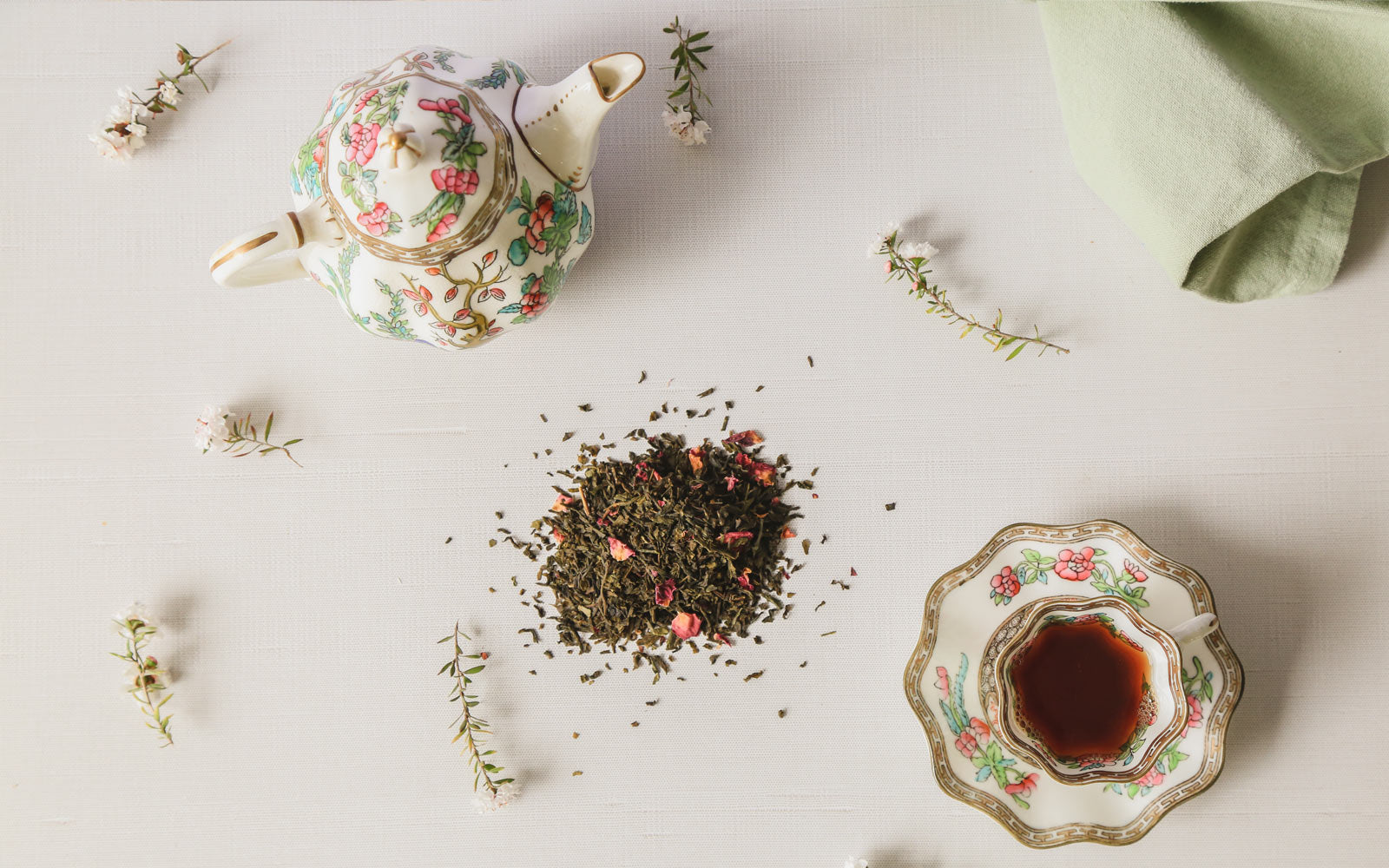 Green Tea for The Tea House on Los Rios, Featuring vintage china