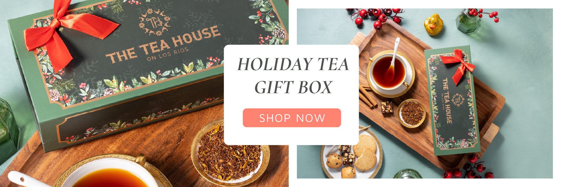 Tea house holiday tea gift box with tea and snacks on a wooden tray.