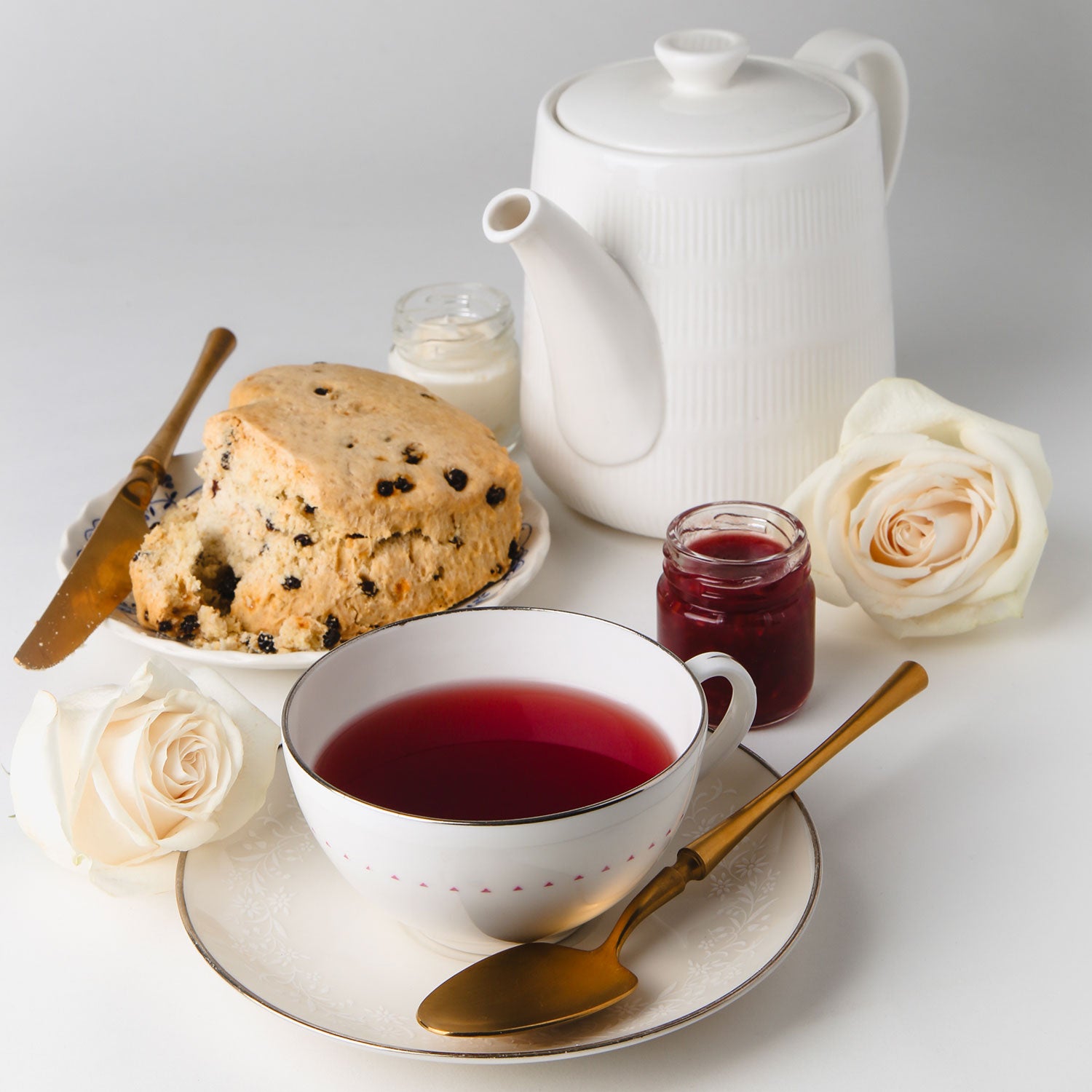 Tea party set, featuring herbal tea, and scone from The Tea House on Los Rios