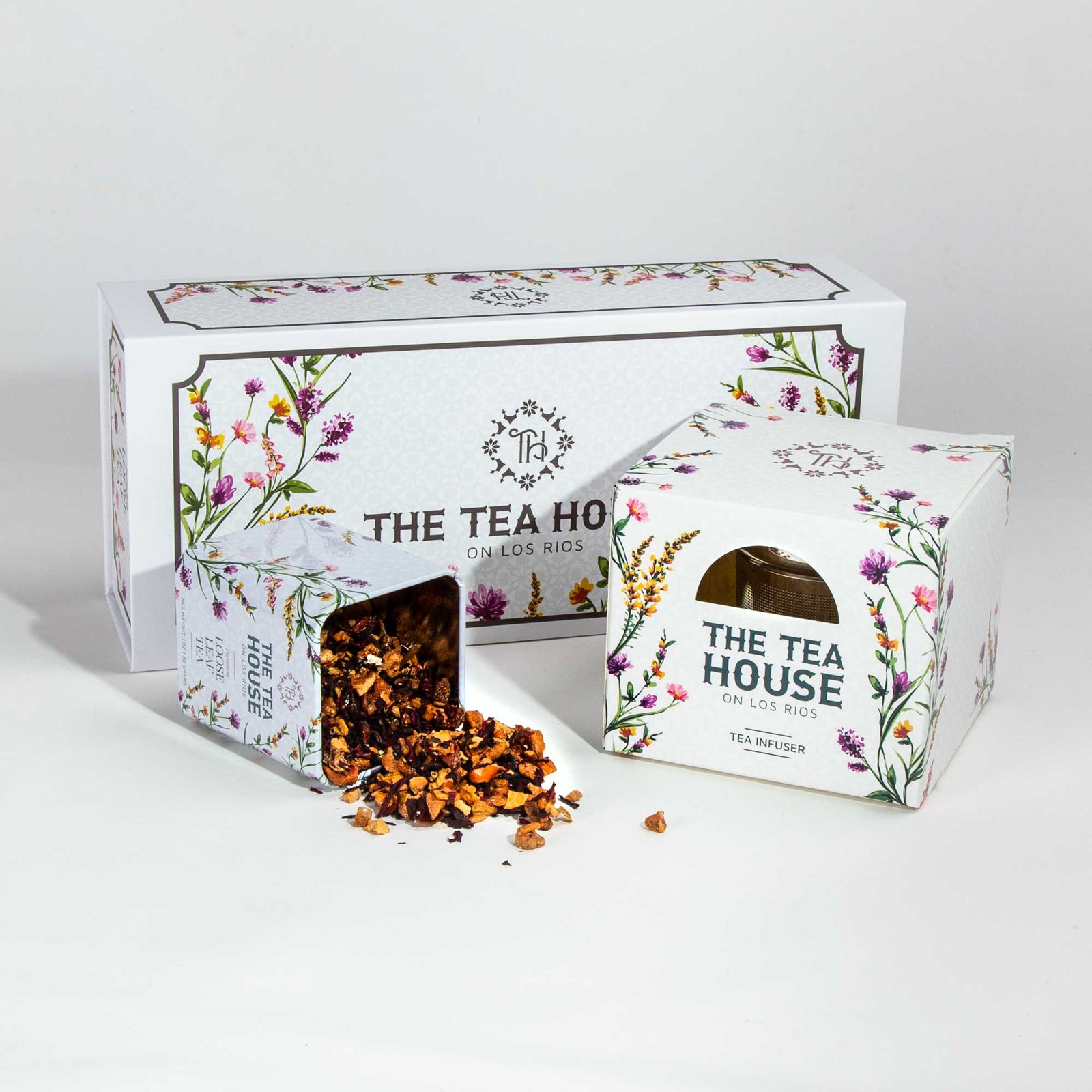 The Tea House on Los Rios Gift Box with 30g tin of tea and a tea infuser