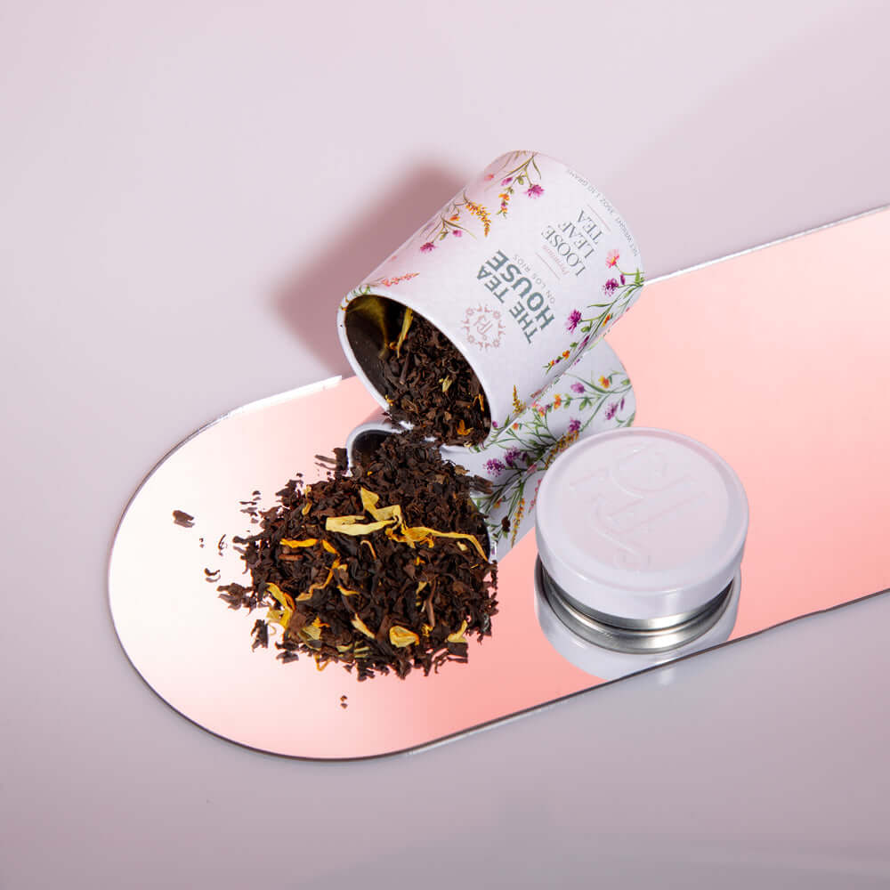 Valentine&#39;s Day Box detail showing the mini tin of loose leaf tea from the tea house on los rios