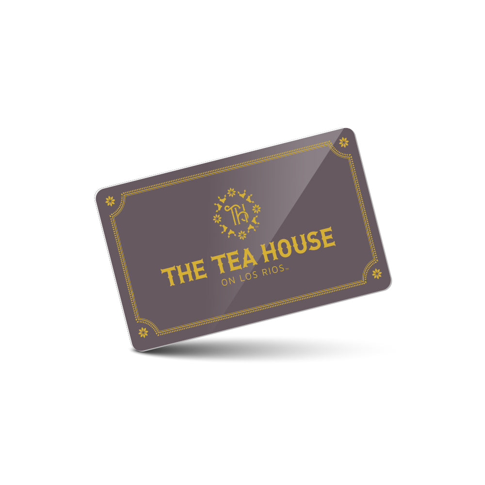 Gift card for 'The Tea House on Los Rios' with a decorative border on a white background
