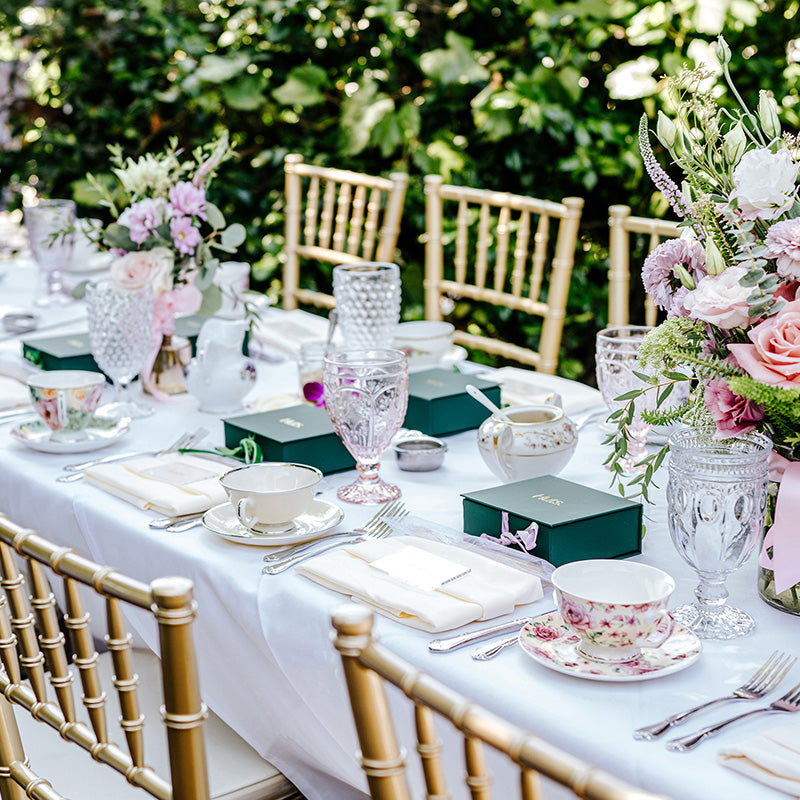 Tablescape setup for birthday party with fresh flowers