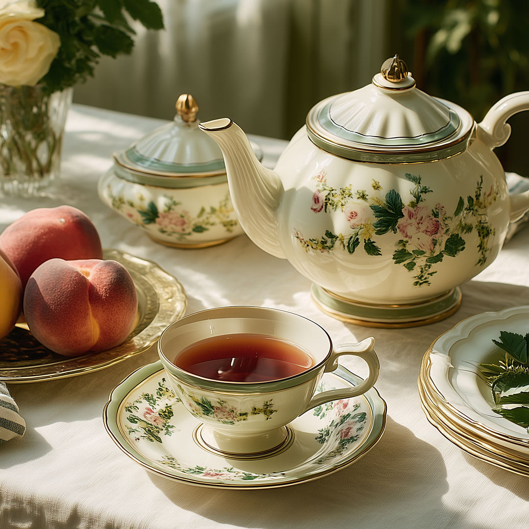 A vintage-style floral teapot and matching teacup and saucer set on a draped tablecloth, with peaches on a plate and a vase of flowers in the background.
