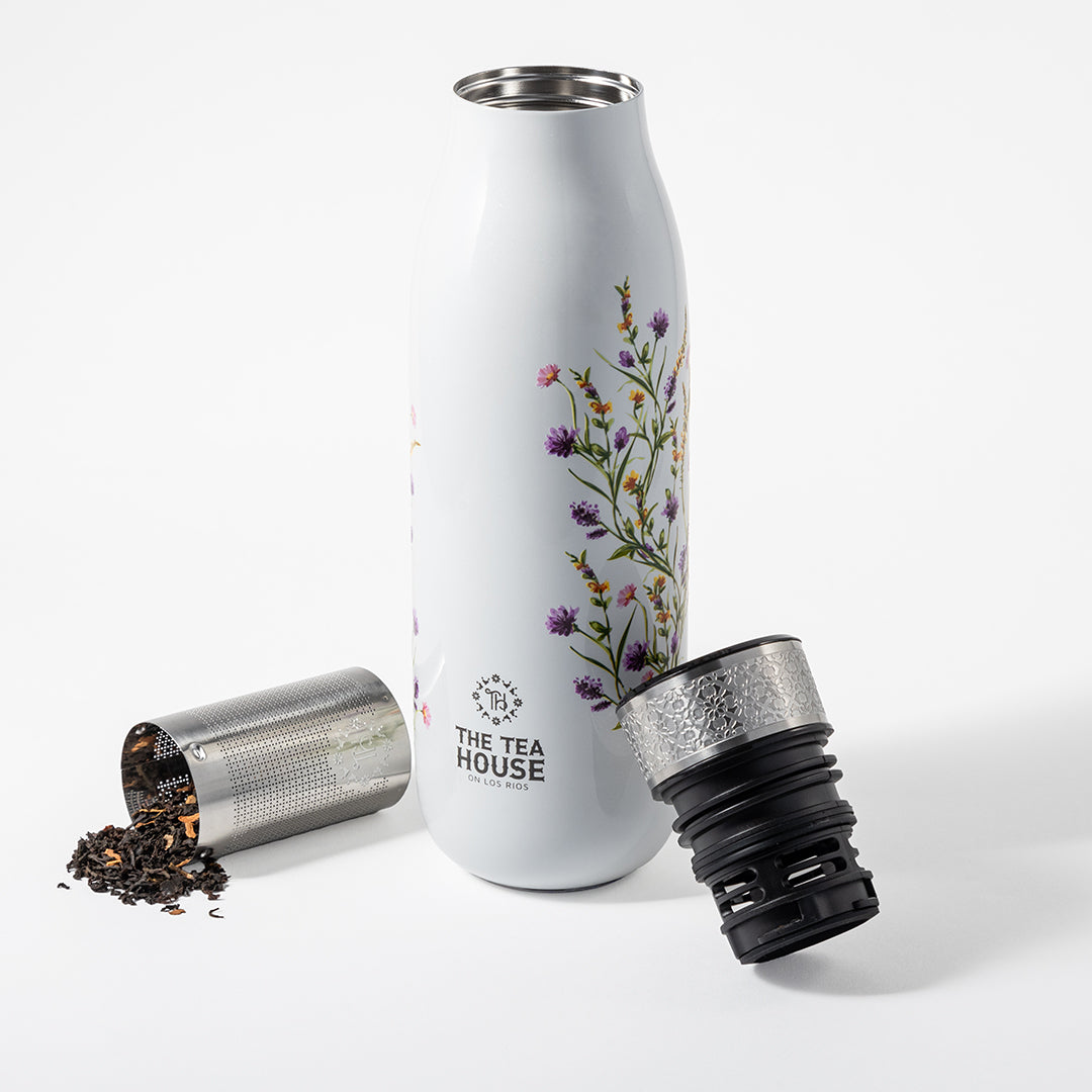 Insulated tea bottle with infuser and leak proof lid