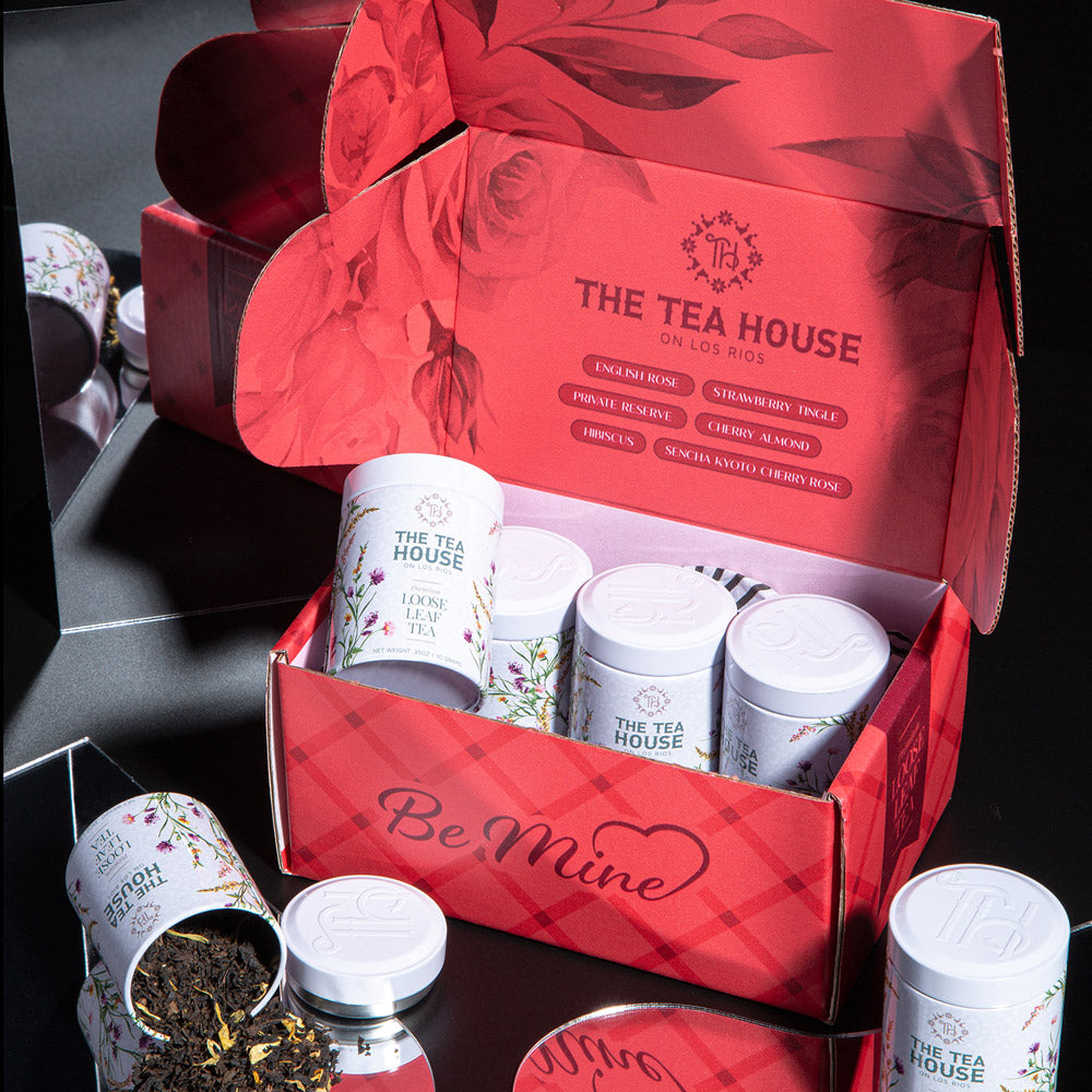 Valentine&#39;s Day Box of Loose Leaf Tea inside view showing tea and tins