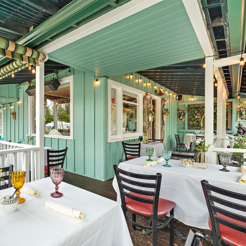 Covered outdoor seating at the tea house on los rios